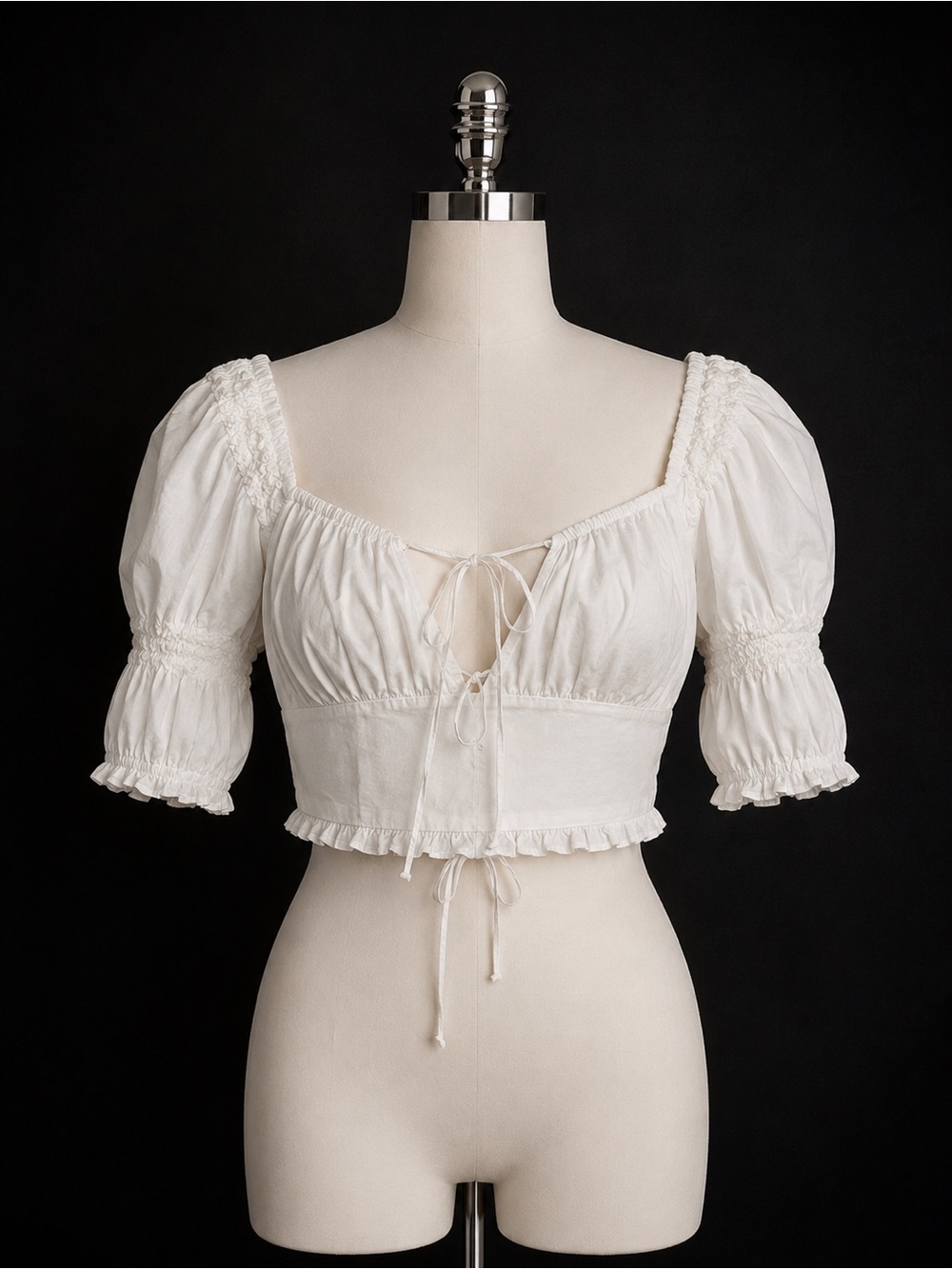 Zara White Puff-Sleeve Tie-Front Crop Top